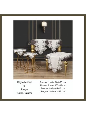Northcity Salon Takımı 5 Parça Keten Masa Örtüsü Runner Seti Çeyizlik Kayla Model No 22252 Krem-Gold Bx
