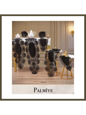 Northcity Salon Takımı 5 Parça Keten Masa Örtüsü Runner Seti Çeyizlik Palmiye Model No 70804 Siyah Bx