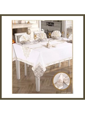 Northcity Elegant Linen Yemek Takımı Masa Seti 12 Kişilik 26 PARÇA160 × 260 cm Runner Set Krem-Gold Bx