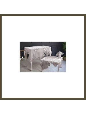 Northcity Salon Takımı 5 Parça Keten Dantelli Masa Örtüsü Runner Seti Çeyizlik Flowers Model No 9964 Kapiçino Bx