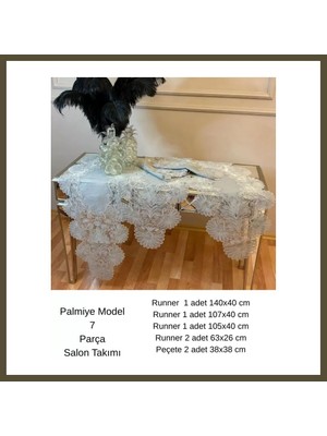 Northcity Keten Palmiye Model Gri 5 Parça Masa Örtüsü Runner Seti Salon Takımı Bx