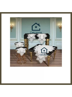 Northcity Pera Model Krem 5 Parça Çeyizlik Dantelli Keten Masa Örtüsü Runner Seti Salon Takımı Bx