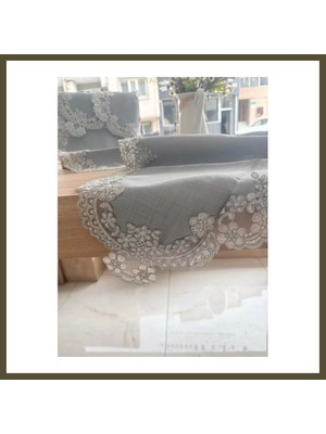 Northcity Çeyizlik Firuze Model Gri 5 Parça Keten Dantelli Salon Takımı Runner Seti Bx