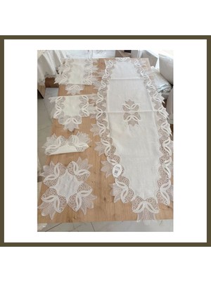 Northcity Salon Takımı Çeyizlik Kreme Krem Runner Set 5 Parça Keten Ranır Masa Konsol Sehpa Örtüsü Kayla Bx