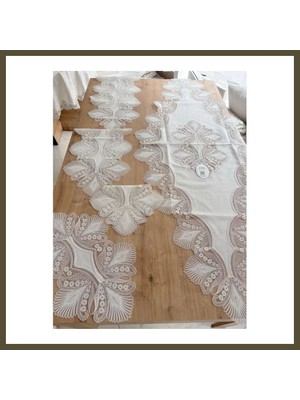 Northcity Salon Takımı Çeyizlik Krem Runner Set 5 Parça Keten Ranır Masa Konsol Sehpa Örtüsü Lavinya Bx