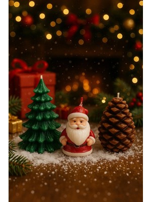 Rs 3’lü Yılbaşı Dekoratif Mum Seti – Çam Ağacı, Kozalak ve Noel Baba Şeklinde | Yeni Yıl Sofra Mumu