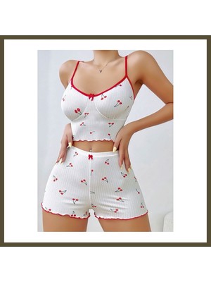 Northcity Kadın Vişne Desenli Dantel Askılı Şortlu Pijama Takımı 5193 · Beden: L/xl · Renk: Beyaz Bx