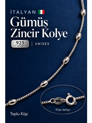 Two Arts Italyan 925 Ayar Gümüş Oval Toplu Küp Zincir Kolye Unisex 45 cm