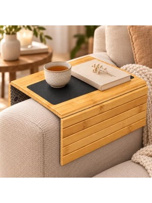 Die Grup Deconox Koltuk Kenarı Ahşap Amerikan Servis, 32 x 40 cm Deri Detaylı Bambu Kolçak Tepsisi, Içecek ve Atıştırmalık Için Katlanabilir Sehpa