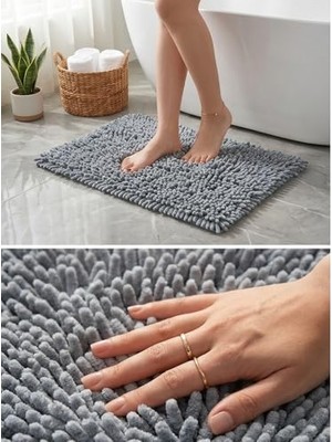 Myg Plus Şönil Banyo Paspası, Mikro Elyaf, Beyaz, 40X60 cm Banyo Halısı, Uzun Tüylü, Yüksek Emicilik, Makinede Yıkanabilir (Gri)