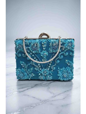 Kadın Turkuaz Payetli Boncuklu Zincir Askılı Abiye Çanta Clutch Portföy 16X23 cm