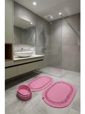namal ticaret 4 Parça Jüt Hasır Görünümlü Desenli Banyo Paspas Seti – Oval Sepet – Lüks Banyo Takımı – 14 Renk - Pembe