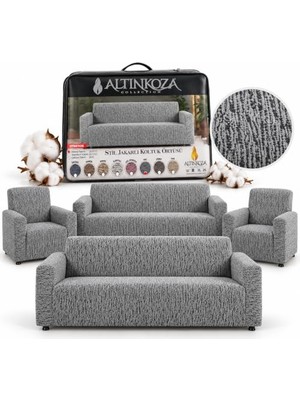 Sogud Altınkoza Koltuk Örtüsü - 3+3+1+1 Takım -%100 Pamuklu Esnek Streç Kumaş - Her Tip Kanepeye Uyumlu - Salon Oturma Grubu Koruyucu Kılıf - Yumuşak Dokulu Şık ve Kullanışlı - Gri