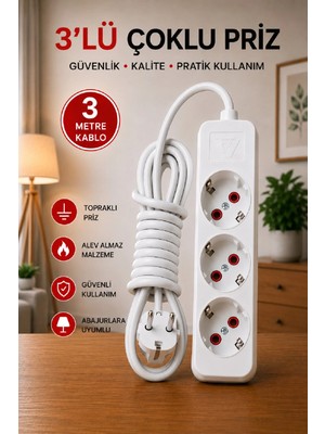 Veramoni Dekoratif 3 Metre Uzatmalı Beyaz 3’lü Grup Priz