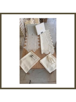 Northcity Sofra Takımı Mimoza Gardenya Keten Yemek Takımı 160X260 Masa Seti 26 Parça Runner Set Krem Bx