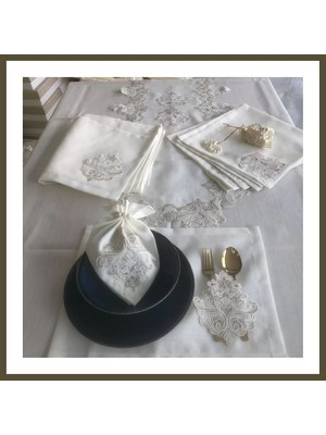 Northcity Sofra Takımı Mimoza Gardenya Keten Yemek Takımı 160X260 Masa Seti 26 Parça Runner Set Kreme Gold Bx