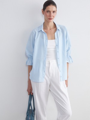 LC Waikiki Lcw Grace Mavi Regular Fit Fırfırlı Kadın Gömlek