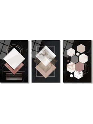 GLAZELLA Soyut Geometrik Mermer Dokulu Cam Tablo Seti | Modern Duvar Sanatı
