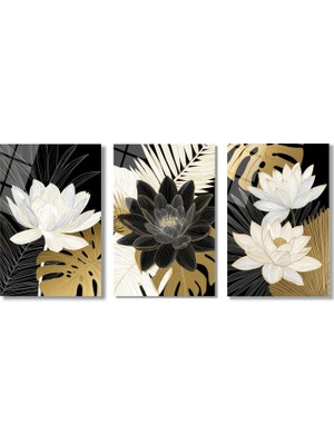 GLAZELLA Asil Lotus ve Tropikal Yapraklar 3'lü Lüks Cam Tablo Seti Üçlü Set