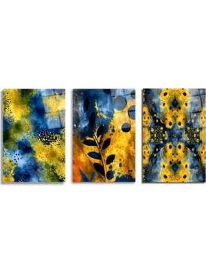 GLAZELLA Dinamik Soyut Sanat Sarı Mavi Üçlü Cam Tablo Seti Üçlü Set