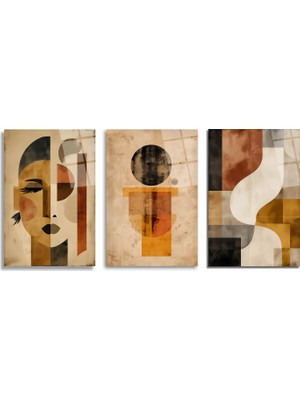 GLAZELLA Modern Sanat Soyut Yüz ve Geometrik Desenler Üçlü Cam Tablo Seti Üçlü Set