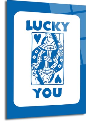 GLAZELLA Lucky You Kraliçe Iskambil Kartı Mavi Beyaz Cam Tablo