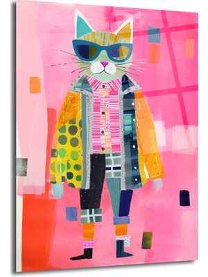GLAZELLA Güneş Gözlüklü Patchwork Kedi Cam Tablo - Modern Sanat Duvar Dekoru