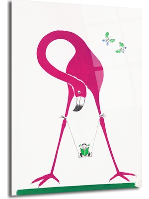 GLAZELLA Pembe Flamingo ve Salıncaklı Çocuk Modern Cam Tablo