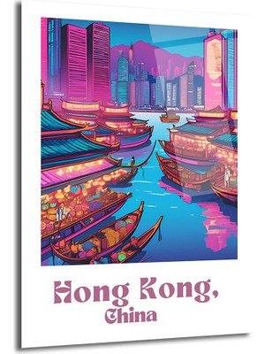 GLAZELLA Hong Kong Neon Işıltısı Cam Tablo - Şehir Manzarası