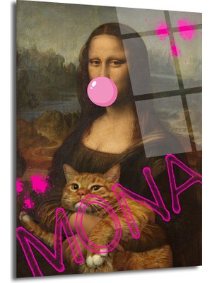 GLAZELLA Pop Art Mona Lisa ve Kedi Cam Tablo - Modern Duvar Sanatı