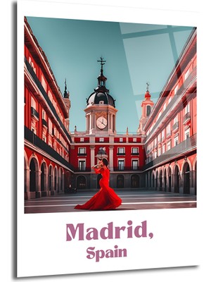 GLAZELLA Madrid Plaza Mayor Kırmızı Elbiseli Kadın Cam Tablo