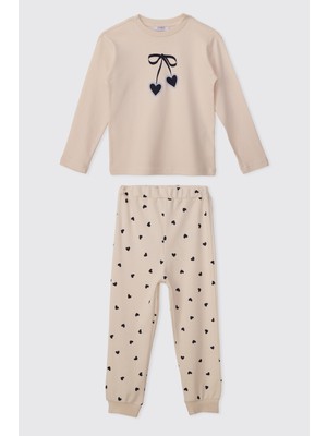 Panço Kız Çocuk Baskılı Ekru Pijama Takımı