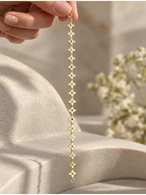 Sarezza Gold 14 Ayar Altın Prizma Yonca Renkli Taşlı Bileklik – 19 cm