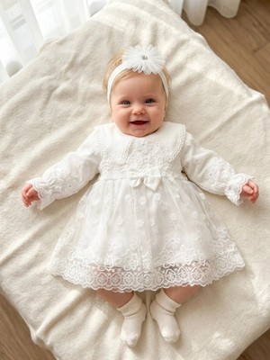 Miniday Baby Kız Bebek Mevlütlük Elbise Bandanalı Dantelli Yenidoğan Hastane Çıkışı Gelinlik Abiye Mevlitlik 4025
