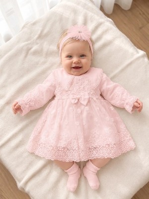 Miniday Baby Kız Bebek Mevlütlük Elbise Bandanalı Dantelli Yenidoğan Hastane Çıkışı Gelinlik Abiye Mevlitlik 4025