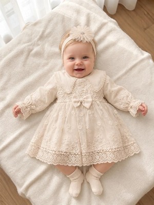 Miniday Baby Kız Bebek Mevlütlük Elbise Bandanalı Dantelli Yenidoğan Hastane Çıkışı Gelinlik Abiye Mevlitlik 4025