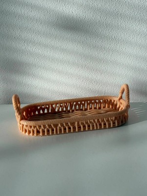 Najmaddin Be 3D Baskı Oval Ratan Görünümlü Dekoratif Tepsi Kulplu Örgü Desenli Sunum Sepeti Bej Najmadd