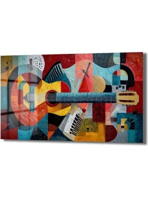 Canlı Ritimler Kübist Gitar Cam Tablo - Glazella Sanat Serisi