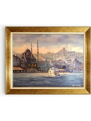  Giyense Tablo  Istanbul Manzaralı Nostaljik Yağlı Boya Dokulu Altın Çerçeveli Kanvas Tablo