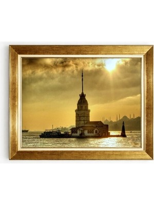  Giyense Tablo  Istanbul Kız Kulesi Manzaralı Gün Batımı Altın Çerçeveli Tablo