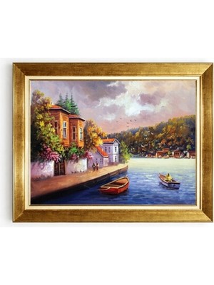  Giyense Tablo  Istanbul Boğazı Eski Ahşap Evler ve Sandal Manzaralı Kanvas Tablo