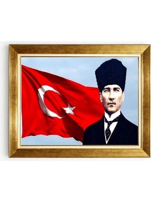  Giyense Tablo  Kalpaklı Atatürk ve Türk Bayrağı Temalı Gold Çerçeveli Kanvas Tablo Ofis ve Makam Odası Dekoru