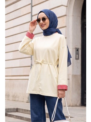 Moda Morfo Yırtmaçlı Bisiklet Yaka Beli Bağlamalı Penye Sweat -Sarı