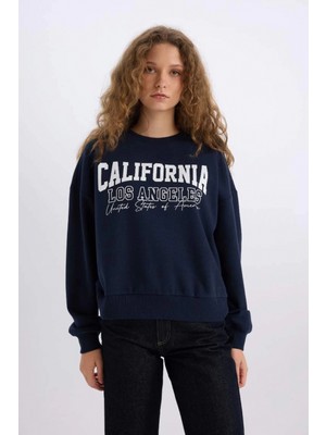 DeFacto E3390 Loose Fit Bisiklet Yaka Baskılı Kalın Kumaş Sweatshirt