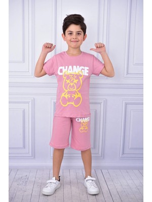 Veramoni Unisex Change Baskılı Çocuk Kısa Kol Yazlık Beli Lastikli Cepli Şort Alt Üst Takım