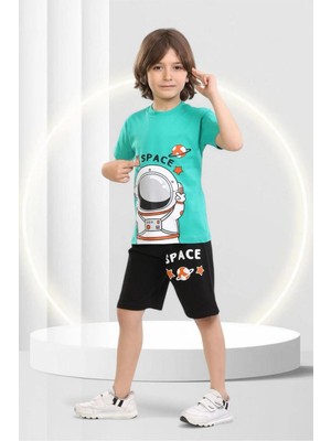 Veramoni Yazlık  Çocuk Space  Baskılı Kısa Kollu Bisiklet Yaka T-Shirt Şort  Alt Üst Takım