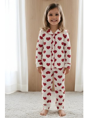 Veramoni Kız Bebek Takım Kalp Desenli Uzun Kollu Pamuklu Pijama Takım 0-6 Aylık