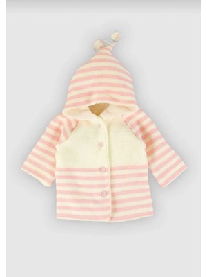 Veramoni Unisex Yenidoğan Hediyelik Kapşonlu Ponponlu Uzun Kollu Çizgili Hırka