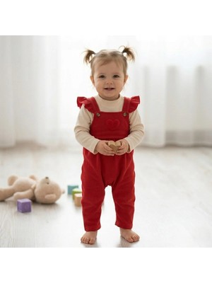 Veramoni Kız Bebek Takım Waffle Kumaş Bebek Tulum Takımı Fırfırlı Askılı Tulum ve Kalpli Body