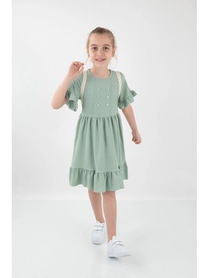 Veramoni Kısa Kollu Fıfrfır ve Düğme Detaylı Kız Çocuk Çantalı Elbise